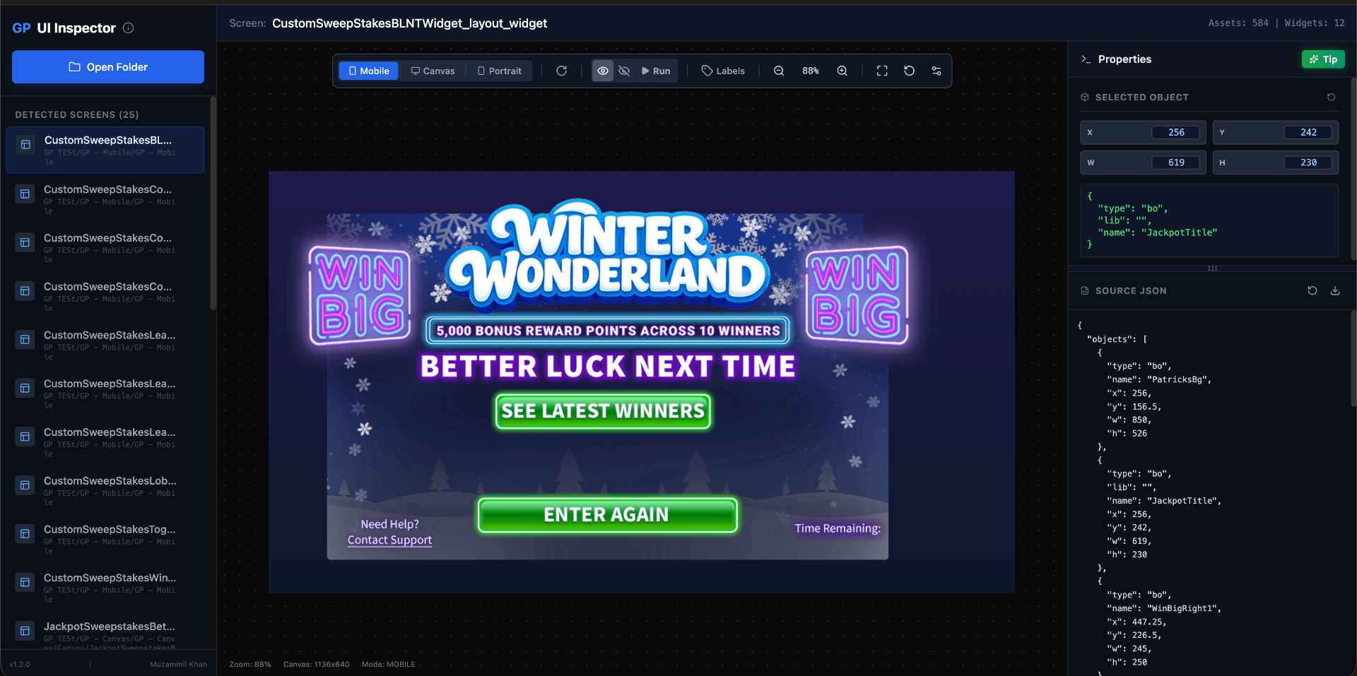 JSON UI Previewer with a loaded project — a 'Winter Wonderland' sweepstakes screen rendered on the canvas, 25 detected screens in the left sidebar, and the right properties panel showing the selected object's name, X/Y, width/height plus its source JSON.