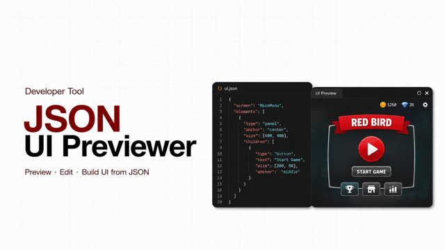 JSON UI Previewer — dark desktop-style window with Preview / Code tabs, an Open Folder button, and an empty layout canvas waiting for a screen to be selected.